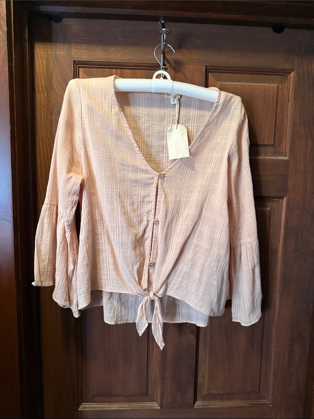 Hem & Thread Blush Peach Tie-Front V-Neck Blouse NWT L
